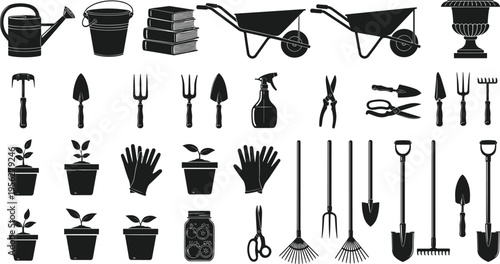 Collection of black silhouette gardening tools including watering cans, wheelbarrows, hand tools, potted plants, spray bottles, buckets, outdoor horticulture vector illustration artwork