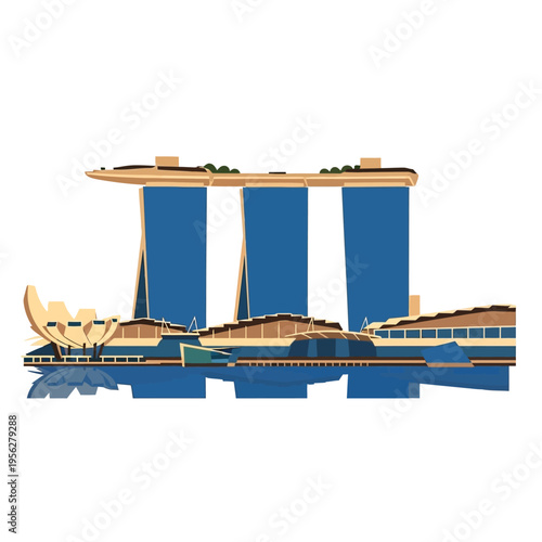 Modern Singapore Marina Bay Sands Hotel iconic landmark, architectural design, city skyline, flat vector illustration