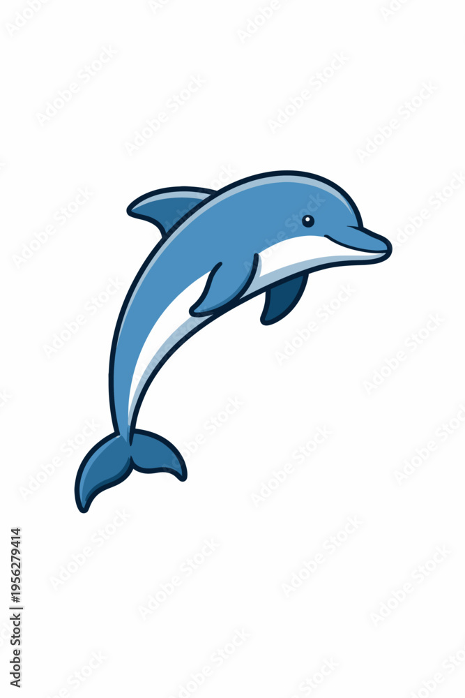 Fototapeta premium A playful cartoon dolphin jumping out of the water in a dynamic swimming motion with a white background