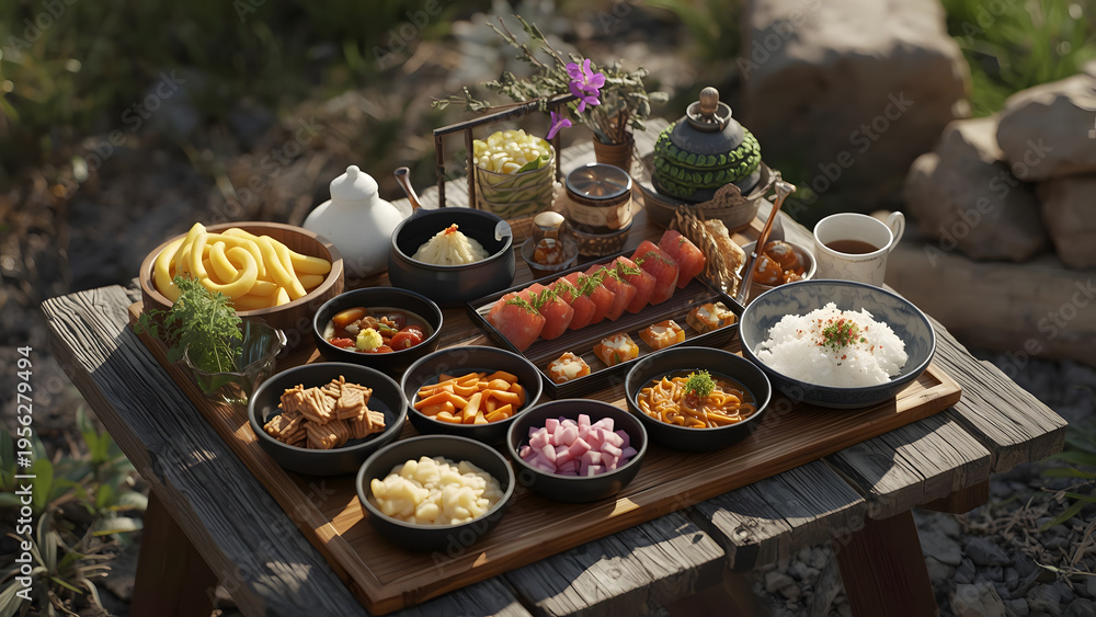 Fototapeta premium Abundant Outdoor Picnic Feast: Diverse Dishes on Rustic Table