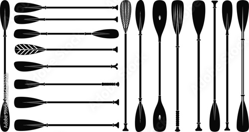 Collection of black silhouette paddle designs with various blade shapes, handle styles, water sports equipment, kayaking canoeing stand‑up paddleboarding vector illustration