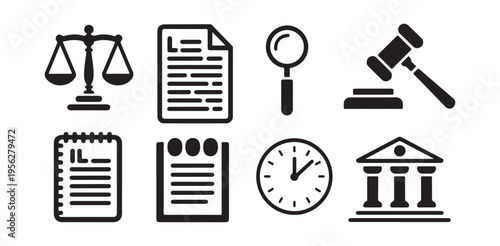 Legal and justice icons collection, scales of justice, gavel, document, court