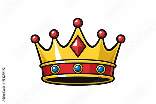 A cartoon illustration of a gold crown with red and blue jewels on a white background, symbolizing royalty and power