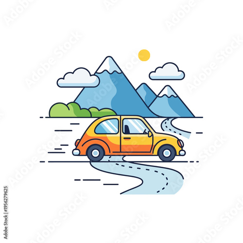 Retro car driving on winding road through mountains and clouds, sunny day