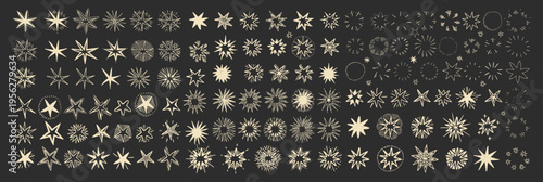 Large set of hand drawn starburst and sparkle icons arranged in rows on dark background. Vintage celestial doodle elements collection. Decorative star shapes and bursts illustration set. Vector 