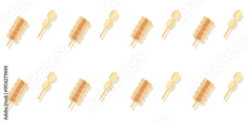 Seamless pattern inspired by Korean street food featuring skewered snacks arranged in a clean repeating layout.