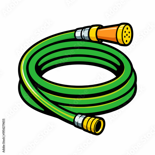 Coiled green garden hose with yellow and silver fittings for watering plants and cleaning outdoor surfaces efficiently always