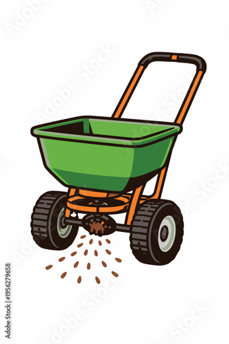 Green lawn spreader with orange frame and black wheels dispersing seeds on the ground for gardening and landscaping