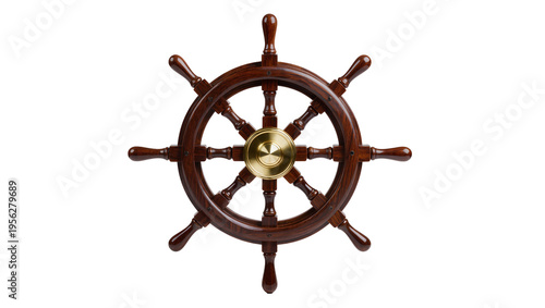 Canvastavla Isolated classic wooden ship wheel with polished finish and brass hub, a nautica