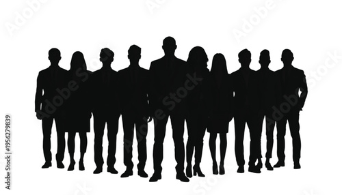 Large gathering of ten diverse business figures shown as dark silhouettes standing shoulder to shoulder on a.