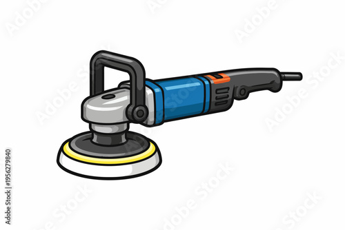 A cartoon-style illustration of a blue and black electric sander with a yellow base on a white background.
