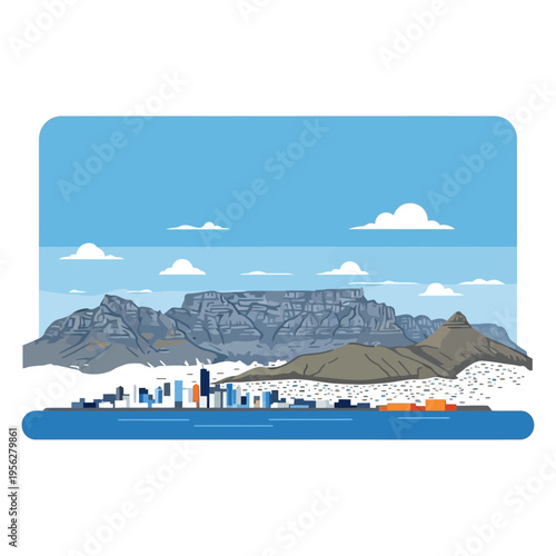 Table Mountain Cityscape Panorama Vector Illustration - Cape Town Skyline and Ocean View