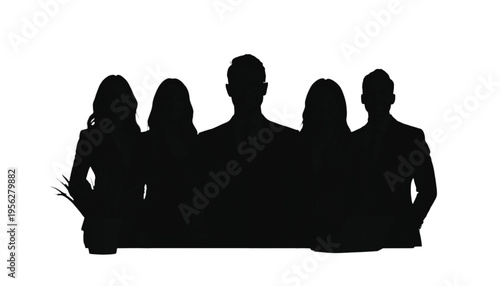 Five professional business people silhouettes stand together against a stark white background emphasizing.