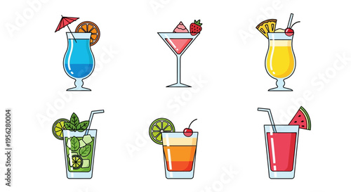 Colorful cocktail drinks set with fruit slices and straws, vector illustration.