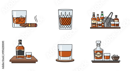 Collection of various whiskey glasses, bottles, and a cigar on a white background.