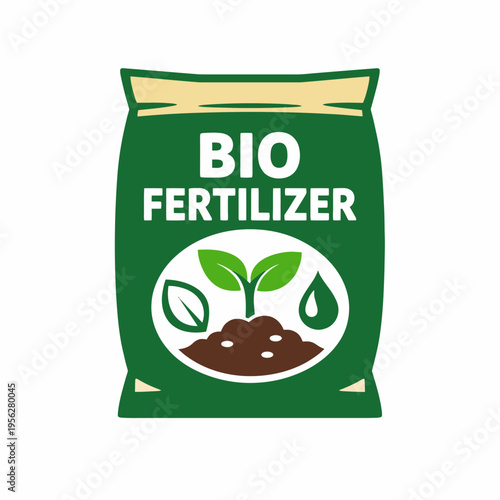 Bio Fertilizer Bag with Green Leaves and Soil Illustration for Eco-Friendly Gardening and Sustainable Agriculture Practices