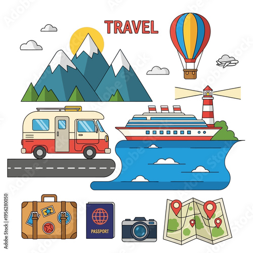 Travel Adventure Icons: Mountains, Cruise Ship, Hot Air Balloon, RV, Map, Passport, Camera, Suitcase