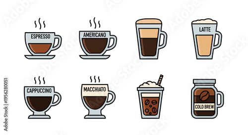 Collection of various coffee drinks with labels, isolated on white background.