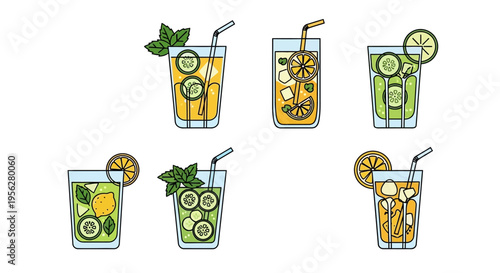 Refreshing summer drinks with fruit slices and mint leaves in glasses on white background.