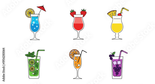 Colorful cocktail beverages with fruit garnishes in elegant glasses on white background.