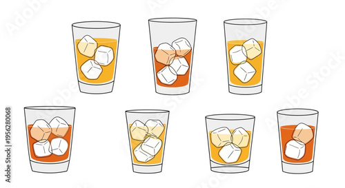 Various glasses of whiskey with ice cubes, vector illustration on white background.