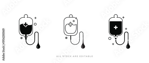 Hospital IV Fluid and Transfusion Blood Bag  Silhouette and line icon Vector illustration.