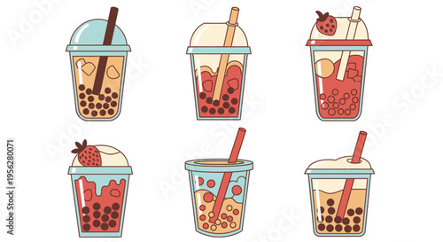 Colorful illustration of various bubble tea flavors with straws and toppings.