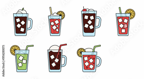Colorful assortment of refreshing iced drinks with ice cubes and garnishes, vector illustration.