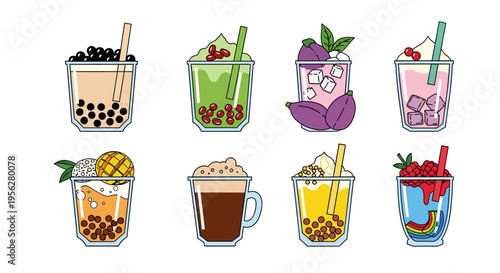 Delicious and colorful bubble tea drinks in various flavors, vector illustration.