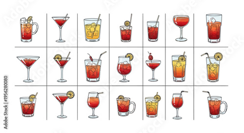 Collection of various cocktail drinks with ice and garnishes in glasses.