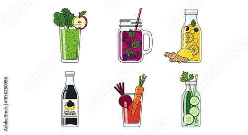 Colorful healthy drinks and smoothies in glass bottles and jars, vector illustration.