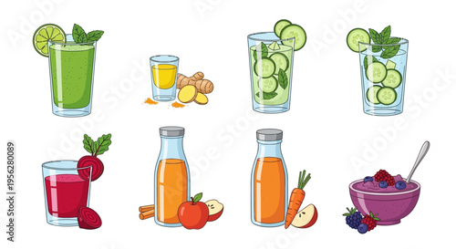 Healthy and refreshing drinks and smoothies with fruits and vegetables in glasses and bottles.