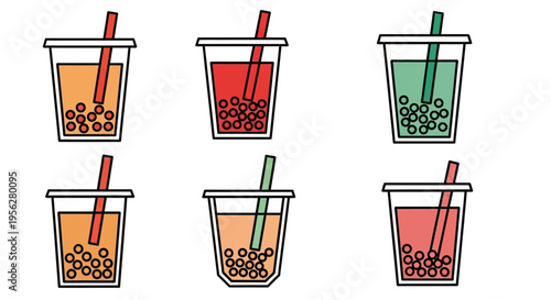 Colorful bubble tea drinks with straws in various flavors, vector illustration.