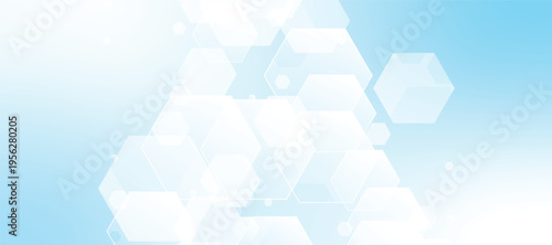 Abstract blue hexagonal pattern with soft gradients medicine and science concept background. Geometric medical cross horizontal banner.