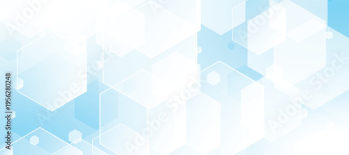 Abstract blue hexagonal pattern with soft gradients medicine and science concept background. Geometric medical cross horizontal banner.