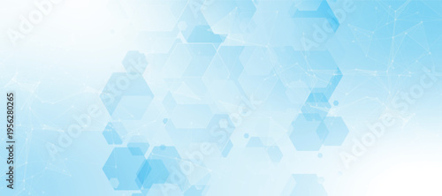 Abstract blue hexagonal pattern with soft gradients medicine and science concept background. Geometric medical cross horizontal banner.
