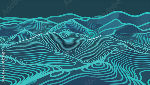 Lines show shapes of hills and valleys in a digital art style that shows the landscape in blue tones