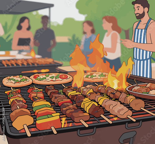 Barbecue party in a backyard with people cooking and enjoying food on a sunny day