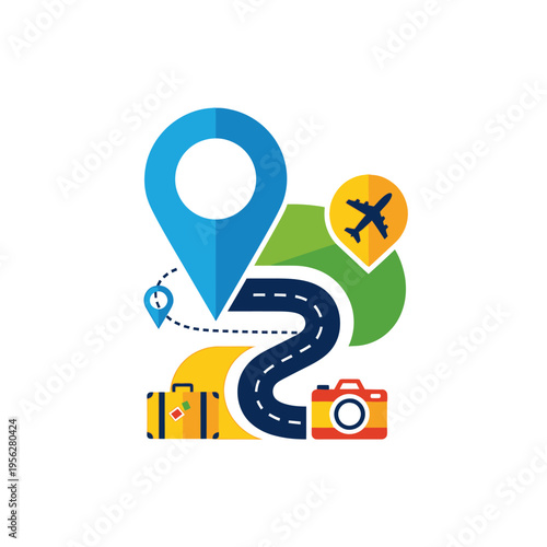 Travel Planning Icons: Map Pin, Suitcase, Camera, Airplane, and Winding Road
