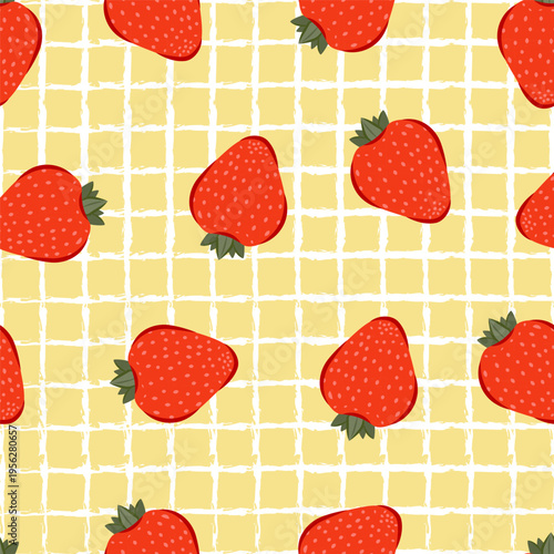 Vibrant Strawberry Pattern on Yellow Checkerboard Background