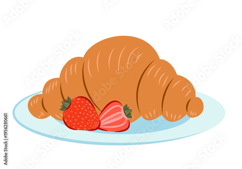 Hand Drawn Croissant and Strawberries on Plate, Breakfast Illustration
