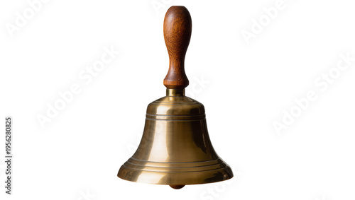 Quadro su tela Isolated polished golden metal hand bell with classic wooden handle, ready for s