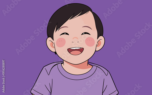 Child smiles joyfully while wearing a purple shirt against a solid purple background during the day