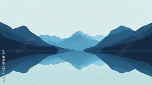 Minimalist blue mountain landscape with mirror lake reflection and layered silhouettes in soft gradient illustration