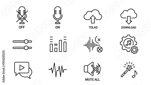 Set of audio and media icons representing sound controls, recording, and playback functionalities with clear visual cues for each option
