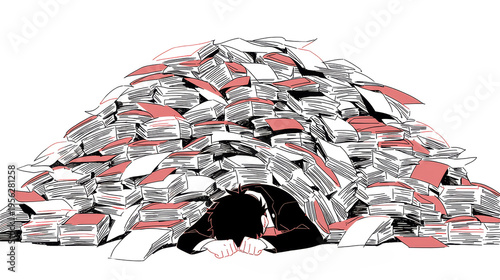 書類の山に完全に生き埋めになった人物を描くブラックユーモアたっぷりの漫画スケッチイラスト