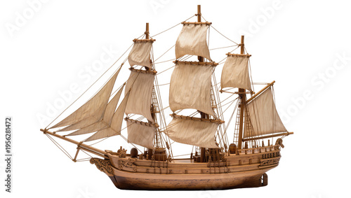 Photos Isolated vintage wooden tall ship model with intricate sails and rigging, histor