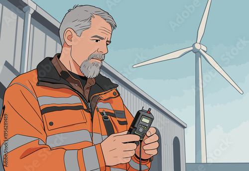 Worker checks equipment at a wind farm site during daylight hours