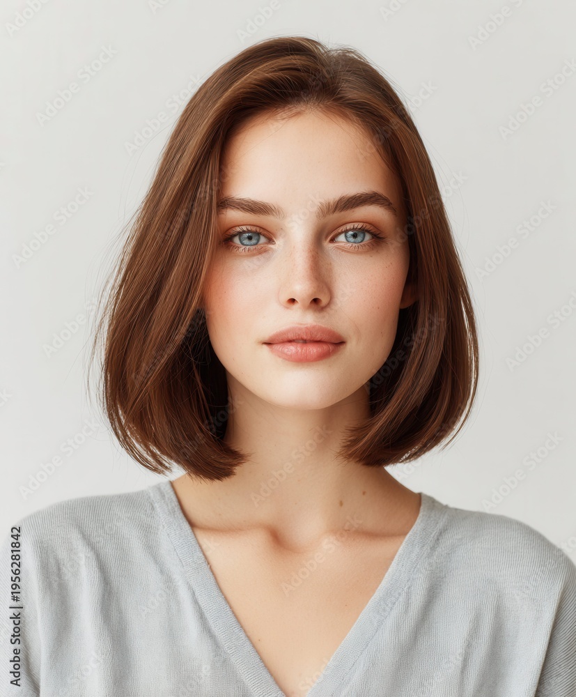 Fototapeta premium Beautiful young woman with blue eyes and freckles, soft smile, and bob haircut