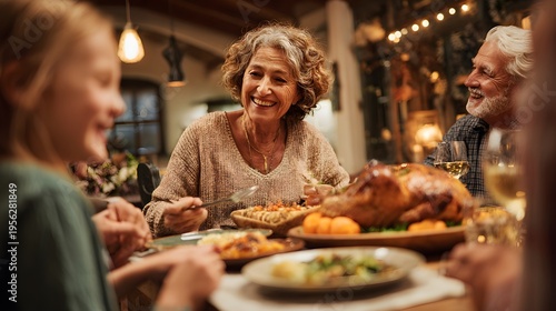Warm Family Thanksgiving Dinner with Laughter Roasted Turkey Cozy Atmosphere Cultural Tradition Social Connection